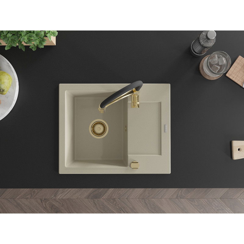 Mexen Enzo granito kriauklė su vienu dubeniu ir nusausinimu bei maišytuvu Aster, smėlio spalvos - 6506-69-73450-57-G