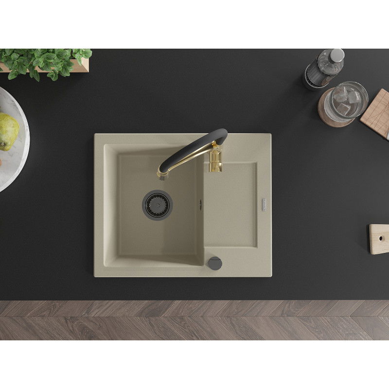 Mexen Enzo granitinė vienos kameros virtuvės kriauklė su nusausinimo plokšte ir virtuvės čiaupu Aster, smėlio spalvos