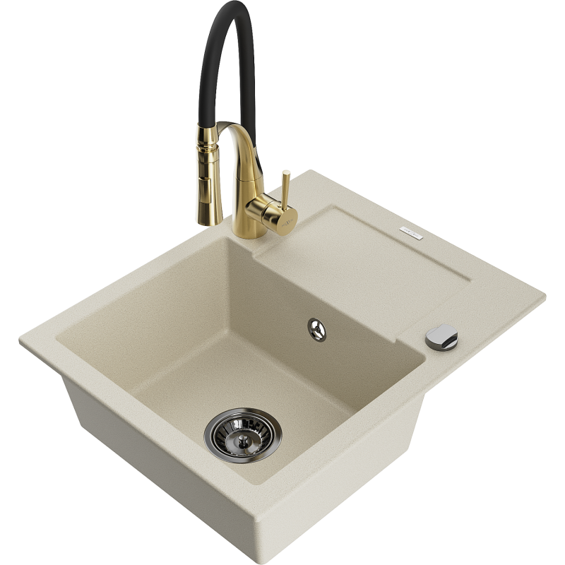 Mexen Enzo granitinė vienos kameros virtuvės kriauklė su nusausinimo plokšte ir virtuvės čiaupu Aster, smėlio spalvos