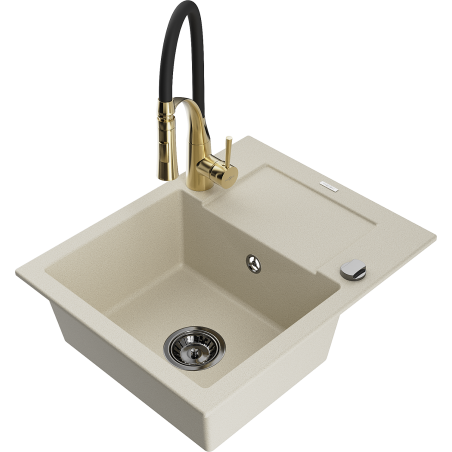 Mexen Enzo granitinė vienos kameros virtuvės kriauklė su nusausinimo plokšte ir virtuvės čiaupu Aster, smėlio spalvos