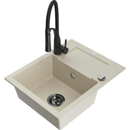 Mexen Enzo vienos kameros granitinė virtuvės kriauklė su nuvarveklomis ir virtuviniu maišytuvu Aster, smėlio spalvos