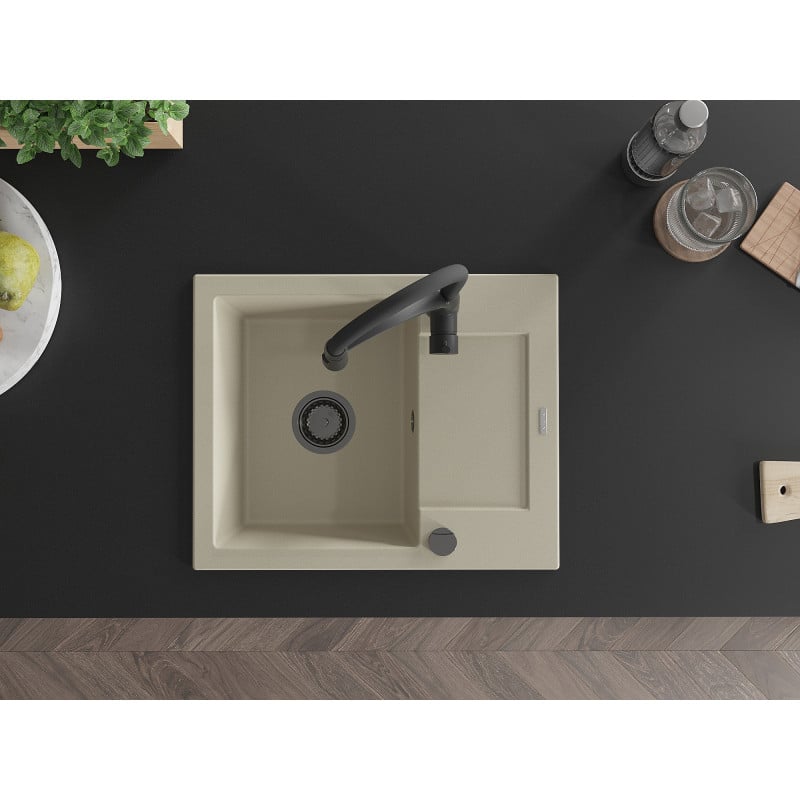 Mexen Enzo vienos kameros granitinė virtuvės kriauklė su nuvarveklomis ir virtuviniu maišytuvu Aster, smėlio spalvos