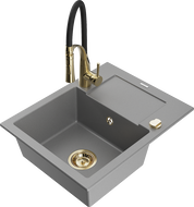 Mexen Enzo granito virtuvės kriauklė su 1 skyriumi ir nuvarvėjimo baze bei virtuvės maišytuvu Aster, pilka - 6506-71-73450-57-G