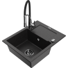 Mexen Enzo granitinė 1 kameros plautuvė su nuvarvėjimo zona ir virtuviniu maišytuvu Aster, juoda/sidabrinė metalinė