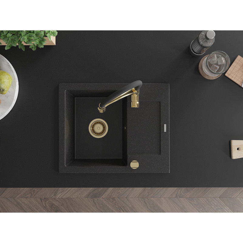 Mexen Enzo granitinė vienos sekcijos kriauklė su nusausintuvu ir virtuviniu maišytuvu Aster, juodos/sidabrinės spalvos