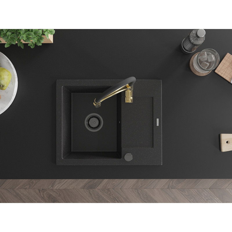 Mexen Enzo granitinė vienos kameros kriauklė su nutekėjimu ir virtuviniu maišytuvu Aster, juoda/sidabro metaliko spalva