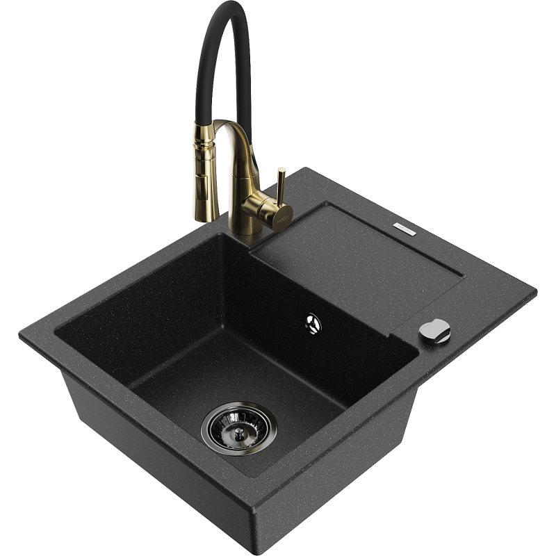 Mexen Enzo granitinė vienos kameros kriauklė su nutekėjimu ir virtuviniu maišytuvu Aster, juoda/sidabro metaliko spalva