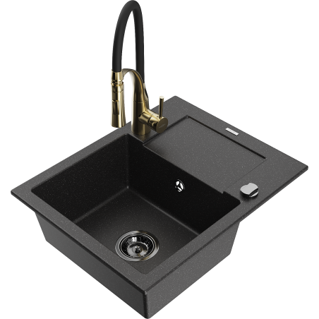 Mexen Enzo granitinė vienos kameros kriauklė su nutekėjimu ir virtuviniu maišytuvu Aster, juoda/sidabro metaliko spalva