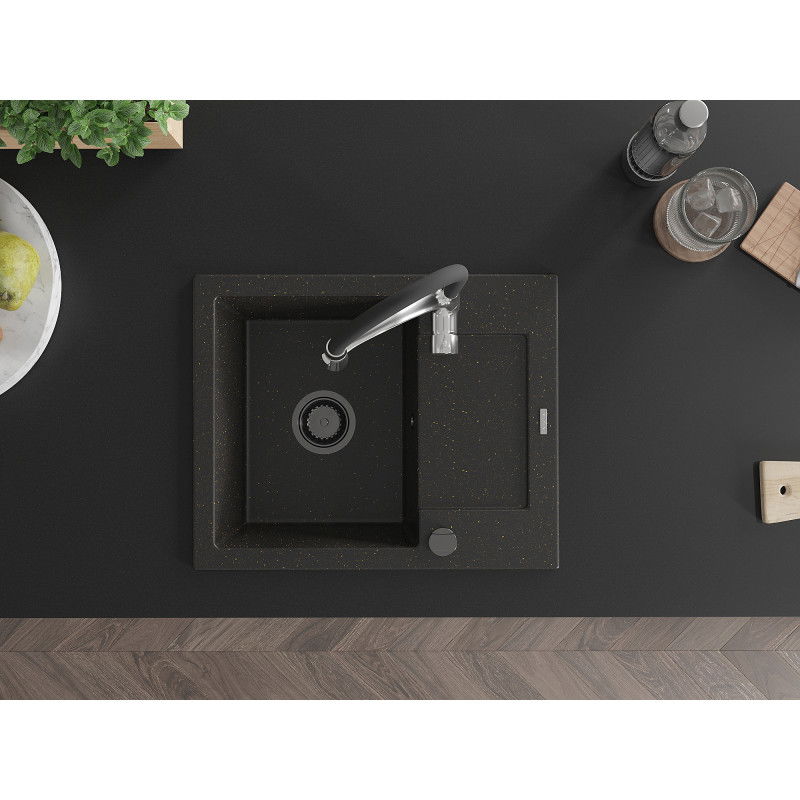 Mexen Enzo granitinė vienos dalies kriauklė su nutekėjimo skyriumi ir Aster virtuvės maišytuvu, juoda/auksinė metalo