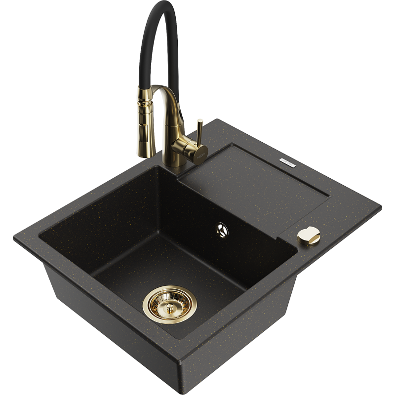 Mexen Enzo granitinė 1-skylių plautuvė su nutekamu ir virtuviniu maišytuvu Aster, juoda/auksinė metalo spalva