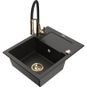 Mexen Enzo granitinė 1-skylių plautuvė su nutekamu ir virtuviniu maišytuvu Aster, juoda/auksinė metalo spalva
