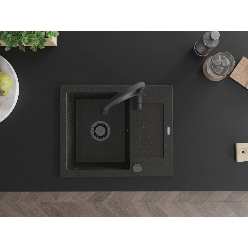 Mexen Enzo granitinė vienos plautuvės virtuvinė kriauklė su nuvarvėjimo lentyna ir Aster maišytuvu, juodas/auksinis