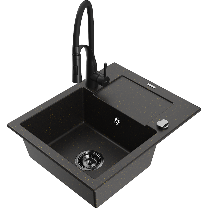 Mexen Enzo granitinė vienos plautuvės virtuvinė kriauklė su nuvarvėjimo lentyna ir Aster maišytuvu, juodas/auksinis
