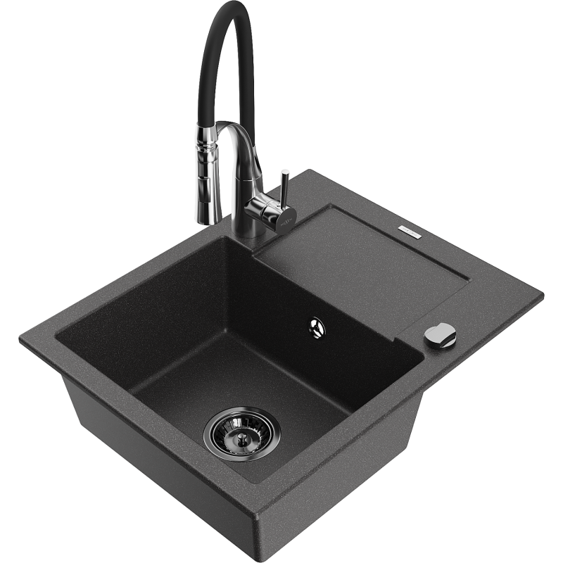 Mexen Enzo granitinė vienos plautuvės plautuvė su nutekėjimu ir virtuviniu maišytuvu Aster, juoda dėmėta
