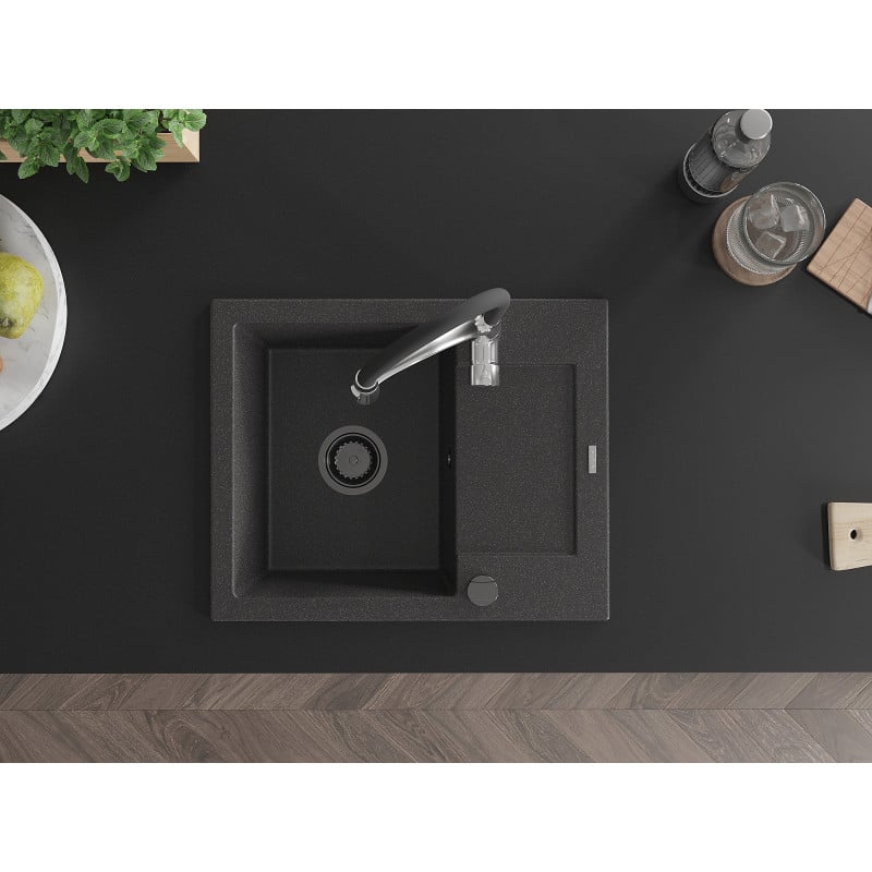 Mexen Enzo granitinė vienos plautuvės plautuvė su nutekėjimu ir virtuviniu maišytuvu Aster, juoda dėmėta
