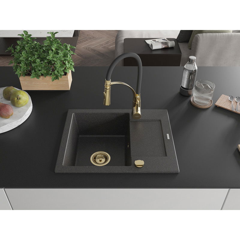 Mexen Enzo granito plautuvė viena kamera su drenažu ir virtuvės maišytuvu Aster, juodas taškuotas - 6506-76-73450-57-G