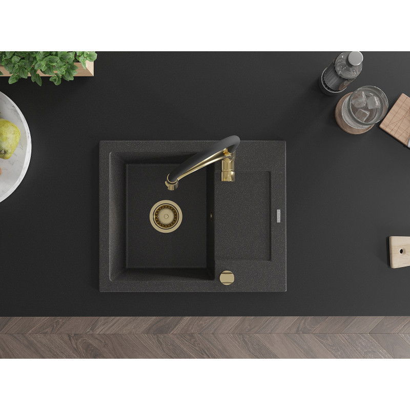 Mexen Enzo granito plautuvė viena kamera su drenažu ir virtuvės maišytuvu Aster, juodas taškuotas - 6506-76-73450-57-G