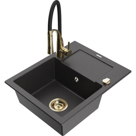 Mexen Enzo granito plautuvė viena kamera su drenažu ir virtuvės maišytuvu Aster, juodas taškuotas - 6506-76-73450-57-G