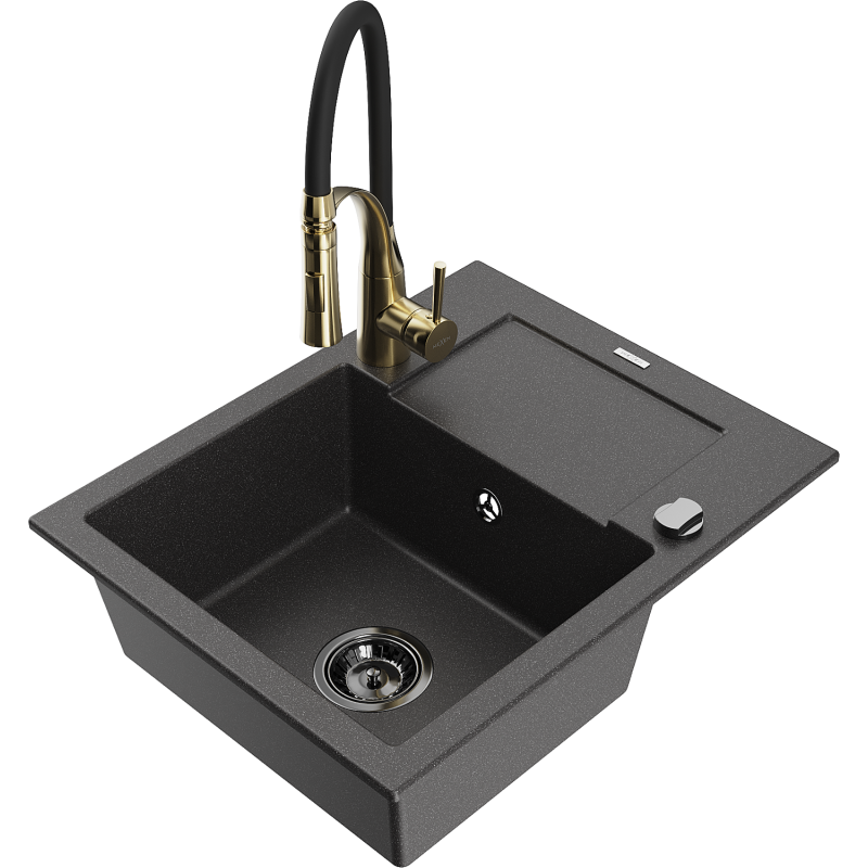 Mexen Enzo granitinė virtuvės kriauklė 1 skyrius su drenažu ir virtuviniu maišytuvu Aster, juodai taškuota
