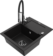 Mexen Enzo 1 skyrius granitinė virtuvės kriauklė su nusausintuvu ir Aster virtuviniu maišytuvu, juoda - 6506-77-73450-07-B