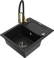 Mexen Enzo 1-dalių granitinė plautuvė su nusausintoju ir virtuviniu maišytuvu Aster, juoda - 6506-77-73450-57-B