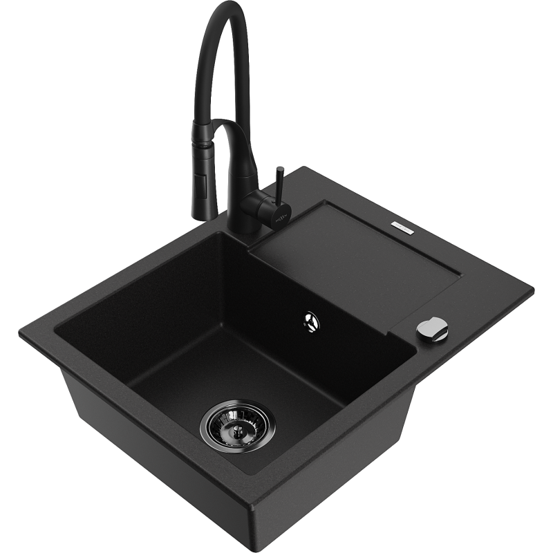 Mexen Enzo vienos kameros granitinė kriauklė su nusausintuvu ir virtuviniu maišytuvu Aster, juoda - 6506-77-73450-70-B