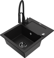 Mexen Enzo vienos kameros granitinė kriauklė su nusausintuvu ir virtuviniu maišytuvu Aster, juoda - 6506-77-73450-70-B