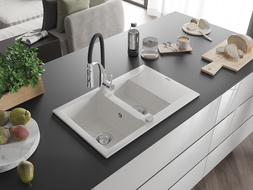 Mexen Gaspar granitinė plautuvė 1,5 kameros su nusausinimu ir virtuviniu maišytuvu Aster, balta - 6507-20-73450-07