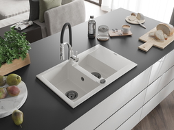 Mexen Gaspar granitinė 1,5 kamerų plautuvė su nubėgimo lento ir virtuvės maišytuvu Aster, balta - 6507-20-73450-07-B