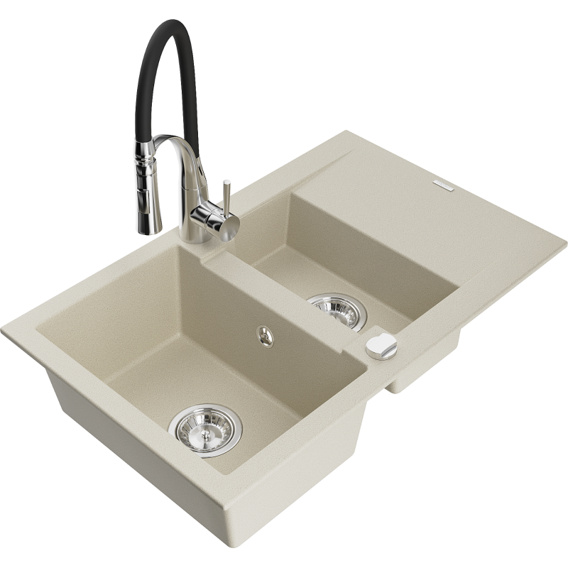 Mexen Gaspar granitinė 1,5 skylių kriauklė su nutekamu vandeniu ir virtuviniu maišytuvu Aster, smėlio spalvos