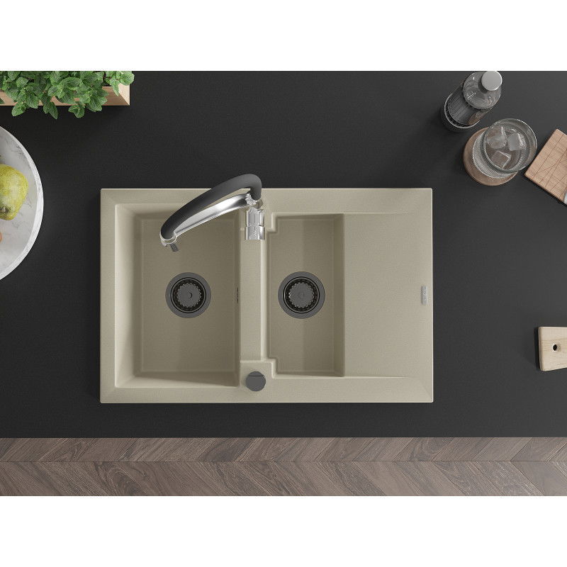 Mexen Gaspar granitinė 1,5 kamerų plautuvė su nuvarvėjimu ir virtuviniu maišytuvu Aster, smėlio - 6507-69-73450-07-B