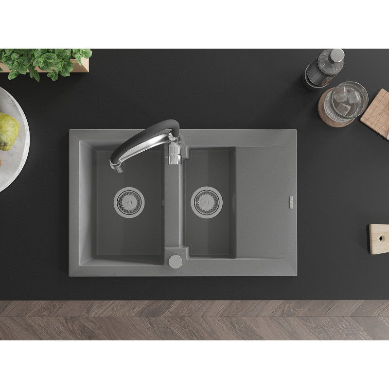 Mexen Gaspar granitinis 1,5 kameros plautuvas su nusausinimo paviršiumi ir virtuvės maišytuvu Aster, pilkas - 6507-71-73450-07