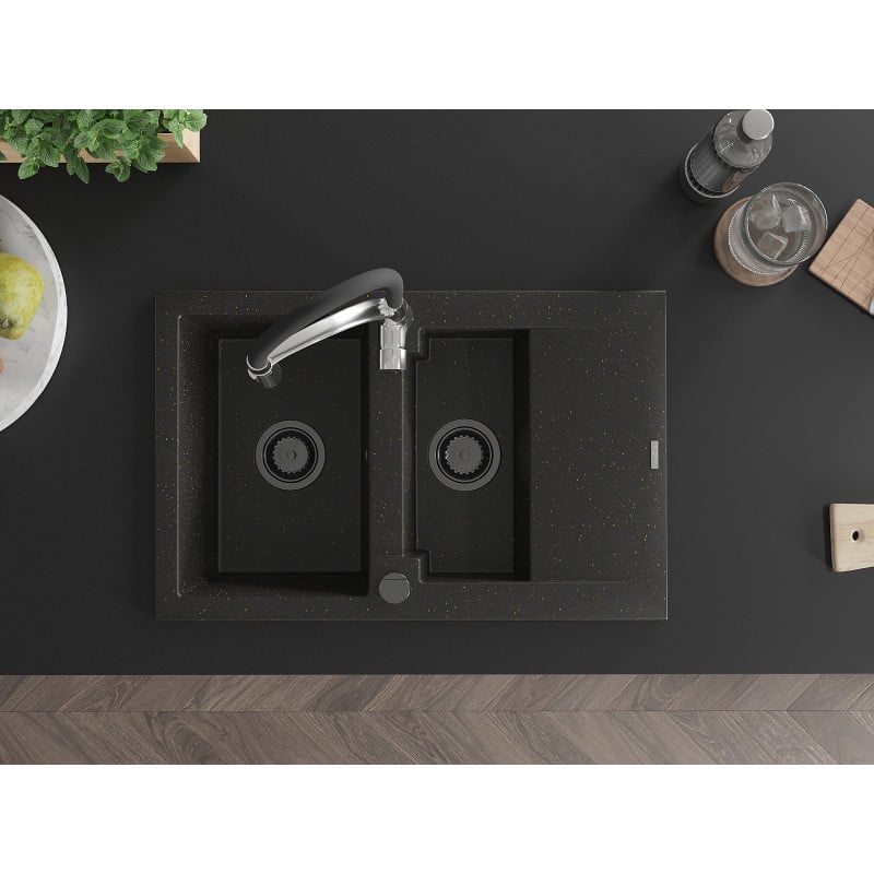 Mexen Gaspar granitinė 1,5 skylių kriauklė su nusausa ir virtuvės maišytuvu Aster, juodas/auksinis metalikas