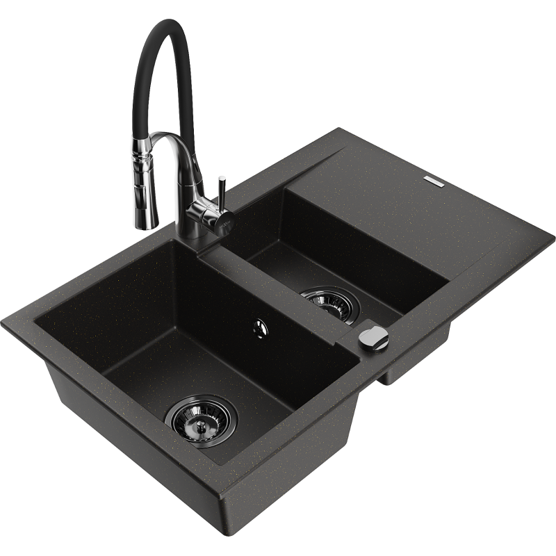 Mexen Gaspar granitinė 1,5 skylių kriauklė su nusausa ir virtuvės maišytuvu Aster, juodas/auksinis metalikas