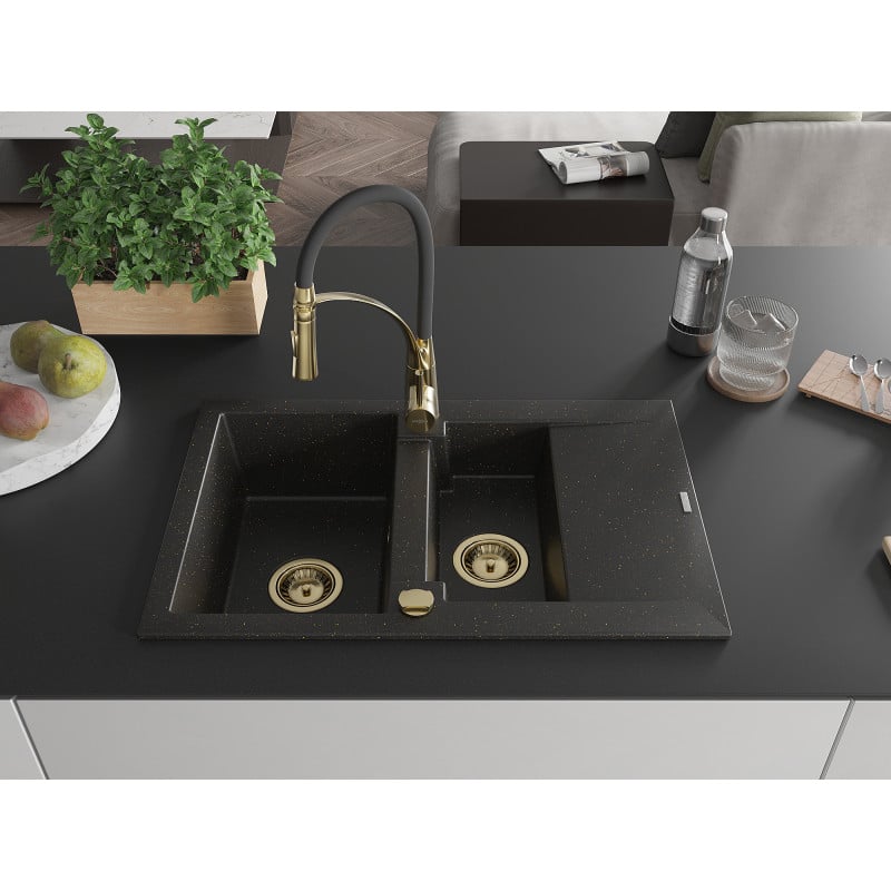 Mexen Gaspar granitinė 1,5-dubenėlių virtuvės kriauklė su nutekėjimu ir virtuviniu maišytuvu Aster, juodas/auksinis