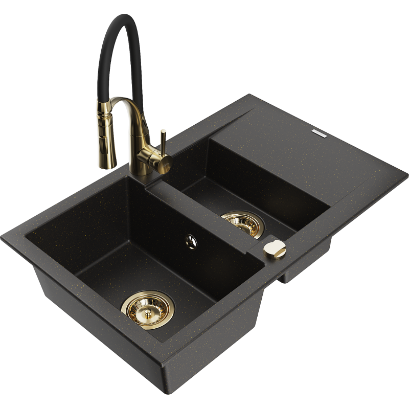 Mexen Gaspar granitinė 1,5-dubenėlių virtuvės kriauklė su nutekėjimu ir virtuviniu maišytuvu Aster, juodas/auksinis