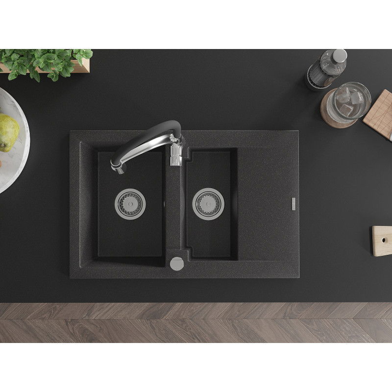 Mexen Gaspar granitinė virtuvės plautuvė su 1,5 kameros ir vandens maišytuvu Aster, juoda taškuota - 6507-76-73450-07