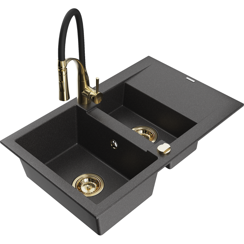 Mexen Gaspar granitinė kriauklė su 1,5 kameromis, su nutekėjimu ir virtuviniu maišytuvu Aster, juoda su dėmėmis