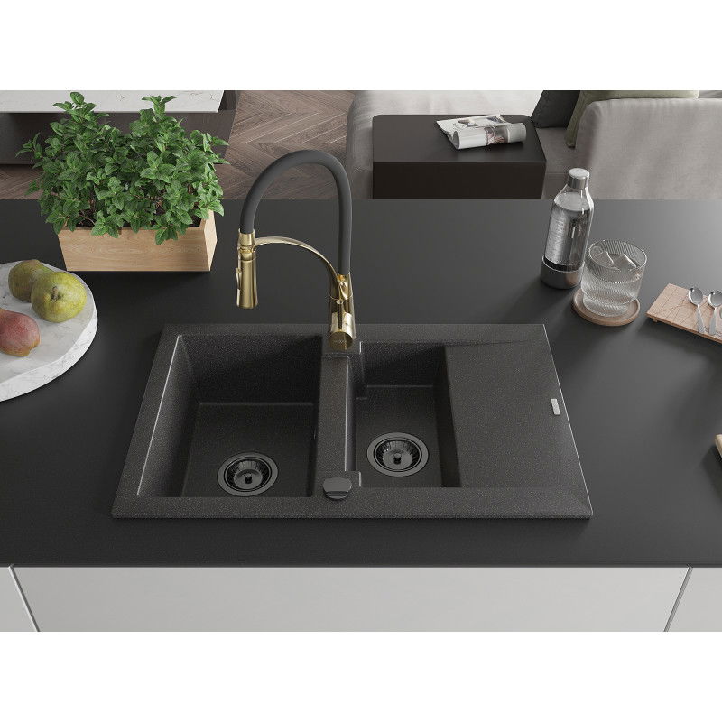 Mexen Gaspar granito plautuvė 1,5 skyriumi su lašeliu ir virtuviniu maišytuvu Aster, juodas taškuotas - 6507-76-73450-57-B