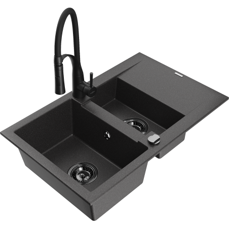 Mexen Gaspar granitinė 1,5 kamerų plautuvė su nusausinimo lentyna ir virtuves maišytuvu Aster, juodai dėmėtas