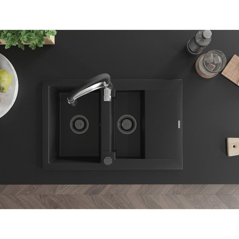 Mexen Gaspar granito plautuvė 1,5 skyrių su nubėgimu ir virtuviniu maišytuvu Aster, juoda - 6507-77-73450-07-B