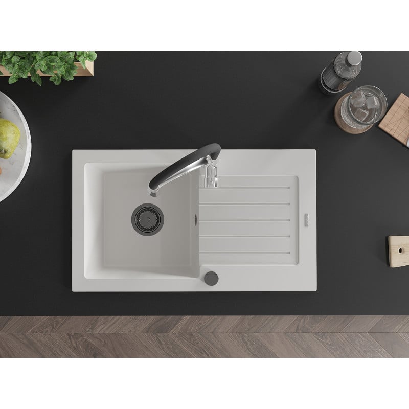 Mexen Pablo granitinė vienos dalies plautuvė su nusausintuvu ir virtuvės maišytuvu Aster, balta - 6510-20-73450-07-B