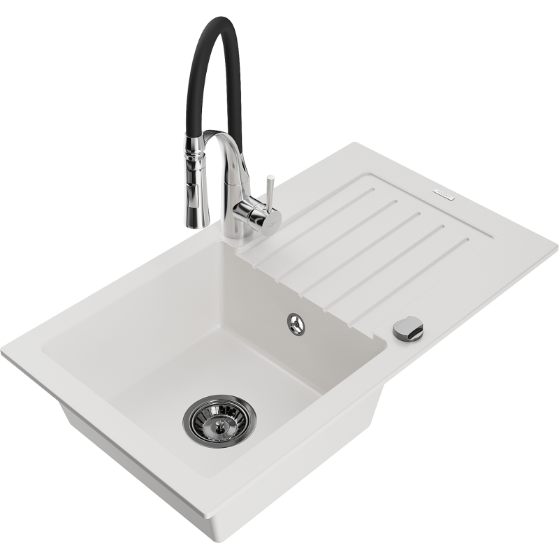 Mexen Pablo granitinė vienos dalies plautuvė su nusausintuvu ir virtuvės maišytuvu Aster, balta - 6510-20-73450-07-B