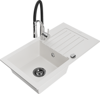 Mexen Pablo granitinė vienos dalies plautuvė su nusausintuvu ir virtuvės maišytuvu Aster, balta - 6510-20-73450-07-B