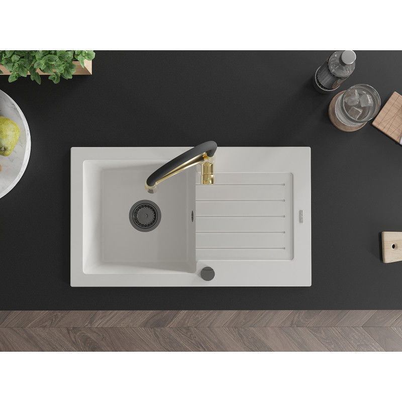 Mexen Pablo granito virtuvės kriauklė 1 skyrius su nusausintuvu ir virtuviniu maišytuvu Aster, balta - 6510-20-73450-57-B