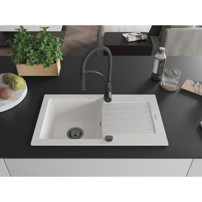 Mexen Pablo Vienos kameros granitinis plautuvas su nuvarvėjimo lentynėle ir virtuviniu maišytuvu Aster, baltas