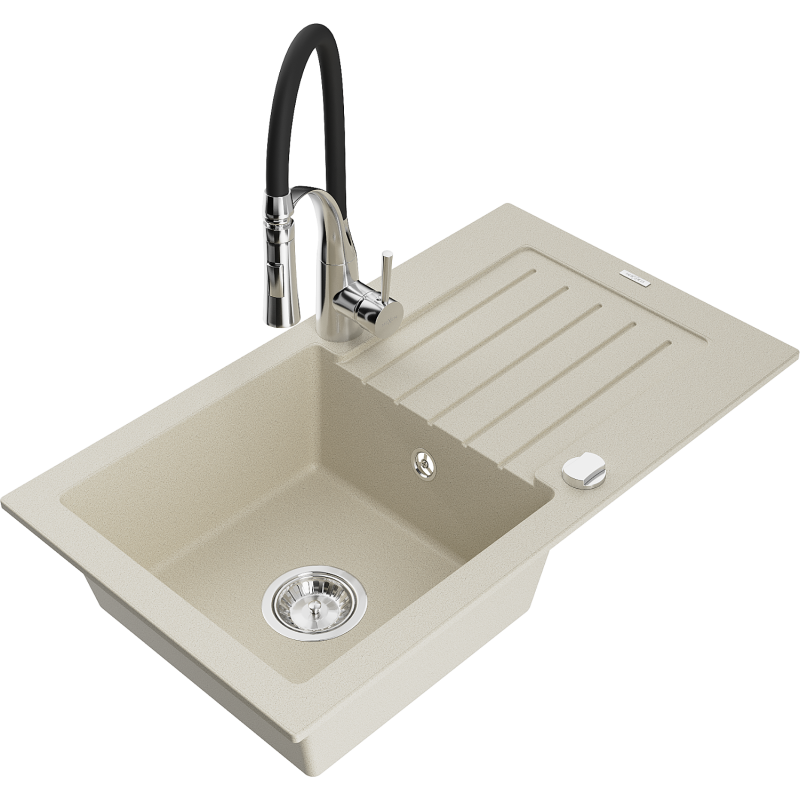 Mexen Pablo granito plautuvė su 1 skyriumi, lašeliu ir virtuviniu maišytuvu Aster, smėlinis - 6510-69-73450-07