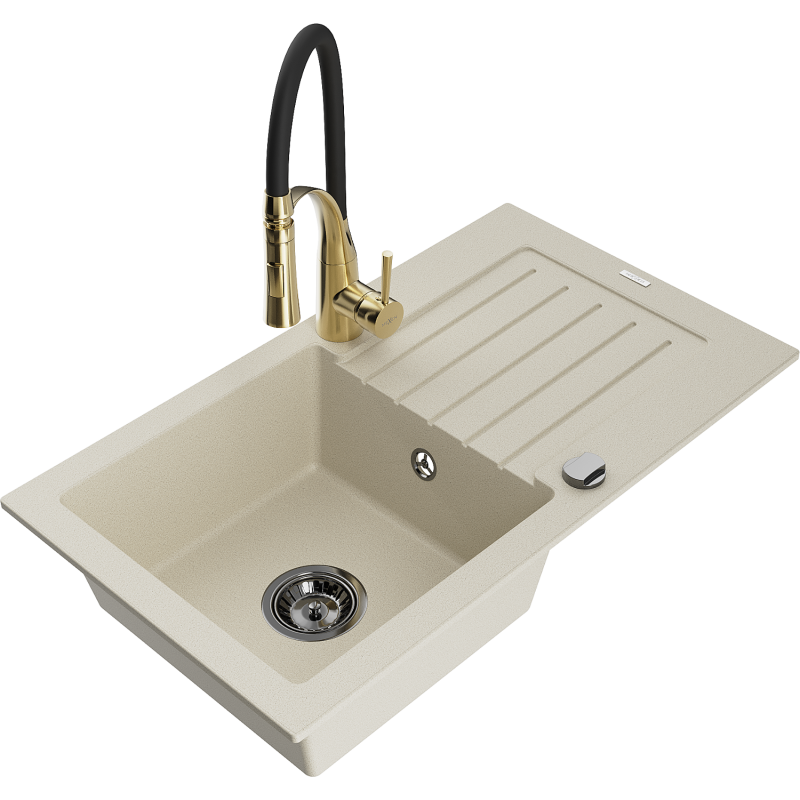 Mexen Pablo vieno dubens granitinė virtuvinė kriauklė su nusausintuvu ir virtuviniu maišytuvu „Aster“, smėlio spalvos