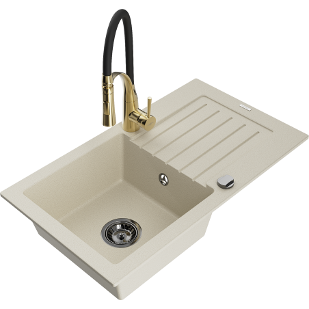 Mexen Pablo vieno dubens granitinė virtuvinė kriauklė su nusausintuvu ir virtuviniu maišytuvu „Aster“, smėlio spalvos