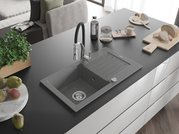 Mexen Pablo granitinis vienos sekcijos plautuvė su nusausintuvu ir virtuviniu maišytuvu Aster, pilka - 6510-71-73450-07
